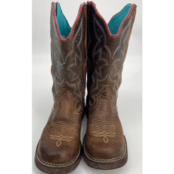 JUSTIN Womens 7 Cowboy Western Boot Brow Red turquoise Stretch Plus Size Square - Picture 2 of 7